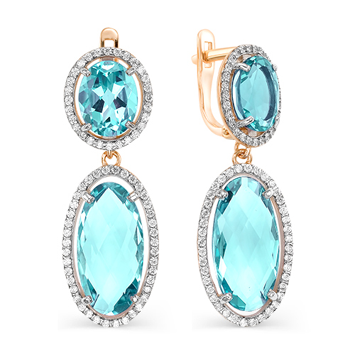 Серьги из красного золота с аквамаринами и фианитами